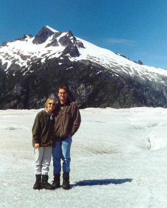 Photo of Brad & Julie Morton standing on Mendenhall Glacier, Alaska, August 2000